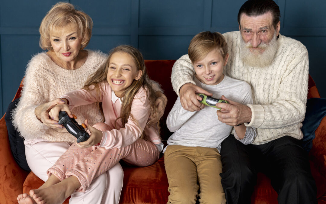 grandparents play video games with their grandchildren